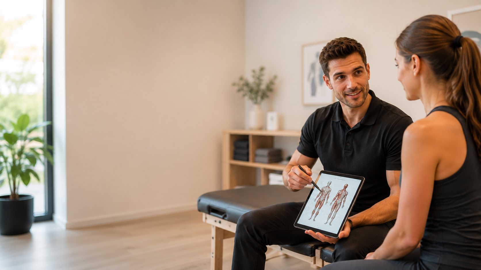 Physiotherapeut erklärt einer Patientin eine Behandlung anhand einer Muskeldarstellung auf einem Tablet